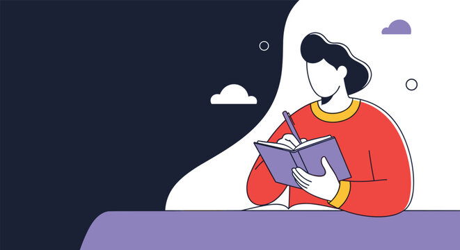 A person diligently writes in a notebook on a desk with a dark background and abstract shapes