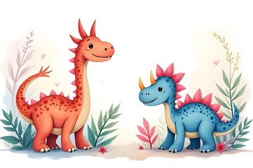neon pastel cartoon freak Watercolor hand drawn tropical cute dinosaurs composition. Dino illustration