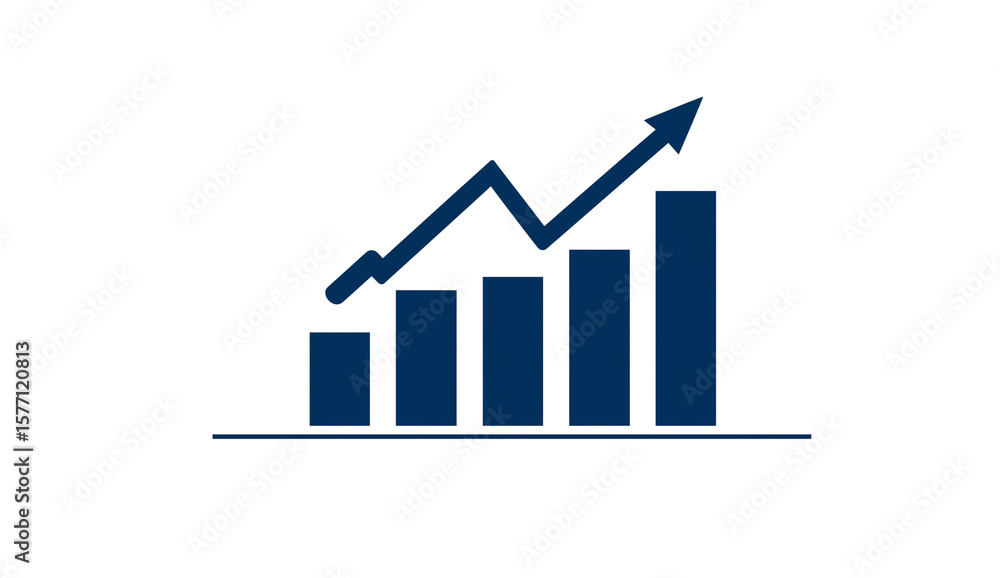 Poster simple flat color vector art of an upward graph on a bar chart, with a navy blue arrow pointing up, 