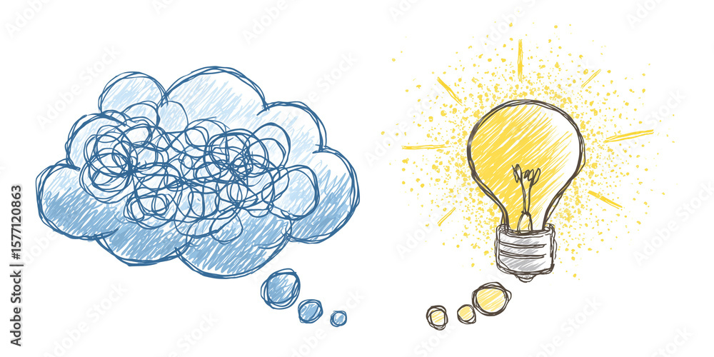Poster simple clip art depicting two thought bubbles. one bubble has tangled lines, while the other glows l