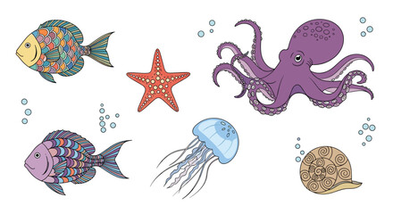 Colorful collection of aquatic life and underwater creatures in a whimsical style