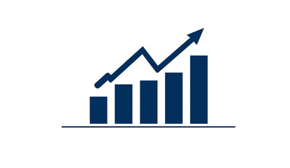 Simple flat color vector art of an upward graph on a bar chart, with a navy blue arrow pointing up, on a png background