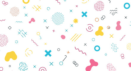 Whimsical abstract shapes pattern with playful doodle elements on white background