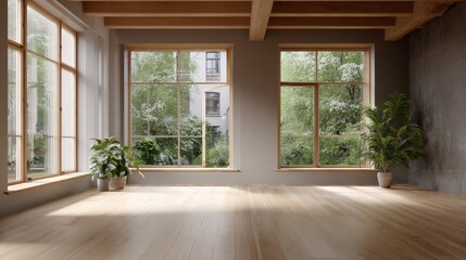 Fototapeta premium Spacious room with hardwood floors large windows showing lush greenery and potted plants