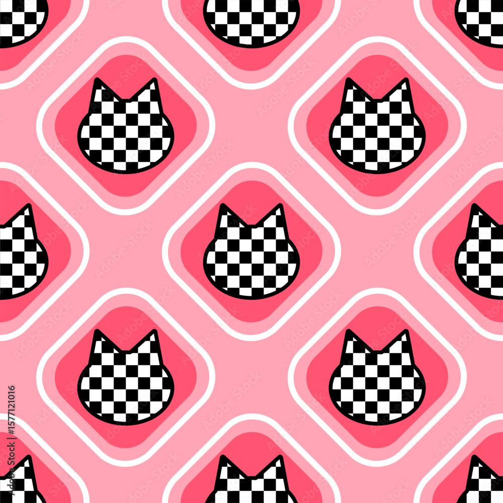 Poster retro seamless pattern shows checkerboard cat heads in rounded square shapes against a pink backgrou