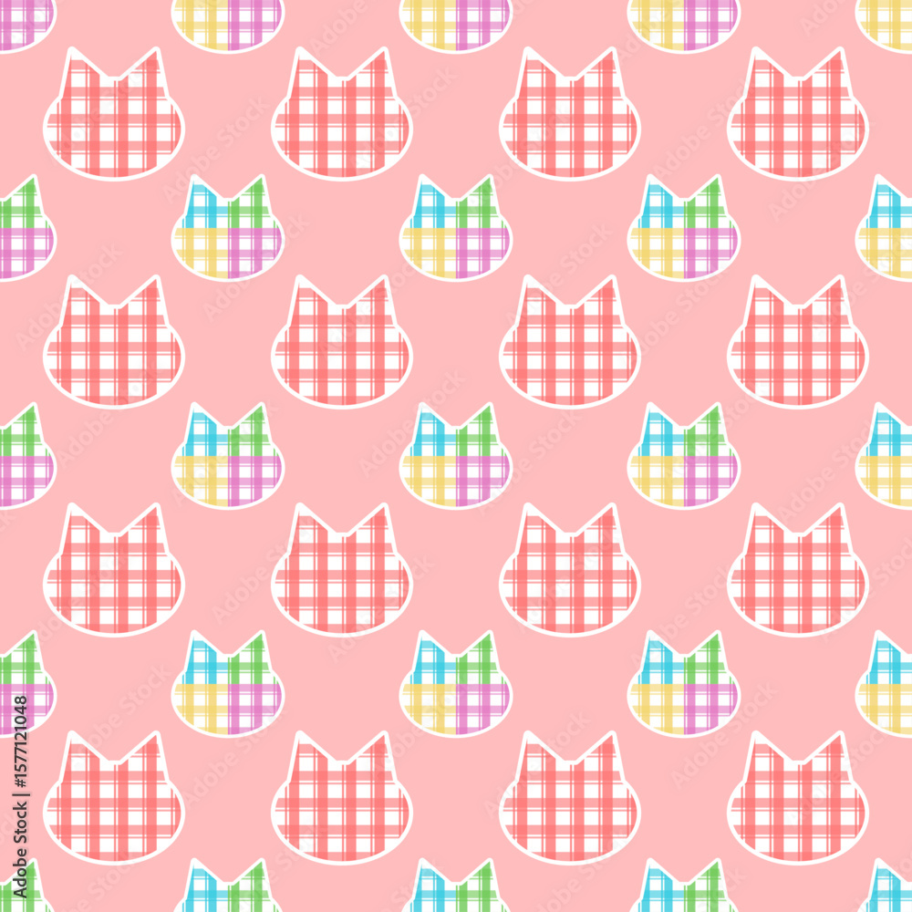 Poster a repeated pattern of cute cat faces in a grid of gingham and rainbow colors displayed on soft pink 