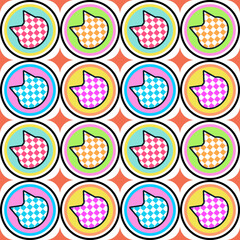 Colorful tile pattern featu checkered cat silhouettes inside round badges on a square coral background.