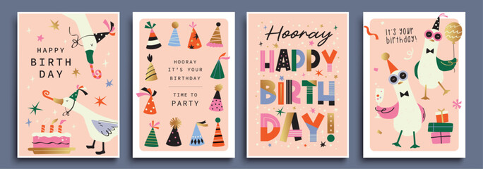 Set of Birthday greeting card with cute cartoon character animals, presents and colorful confetti.  © LittleWhale