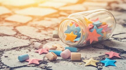Colorful Paper Stars and Wooden Shapes Spilled from Glass Jar