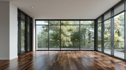 Fototapeta premium Empty room with hardwood floor and large windows overlooking lush green trees