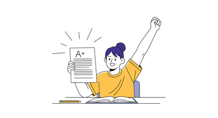 Excited student celebrates excellent academic achievement with a top grade and a thumbs up