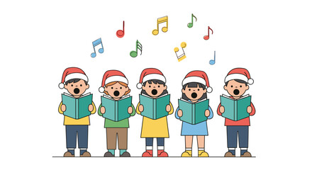 A group of children singing christmas carols wearing santa hats together joyfully