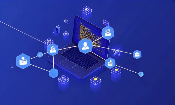 3D isometric illustration of a laptop with code on the screen and digital network connections,