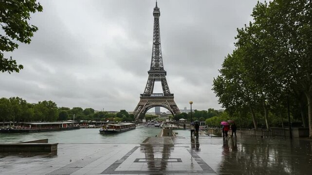 Rainy Day in Paris: Eiffel Tower Majesty  Seine River Charm.