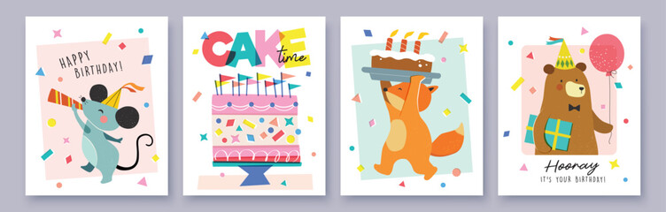 Set of Birthday greeting card with cute cartoon character animals, presents and colorful confetti.
