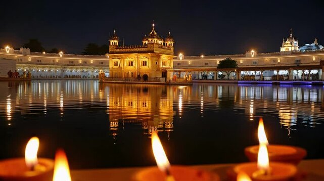 Golden diyas flicker beautifully at Sri Harimandir Sahib, also known as The Golden Temple in Amritsar India, during the Gurupurab celebrations in stunning 4k.