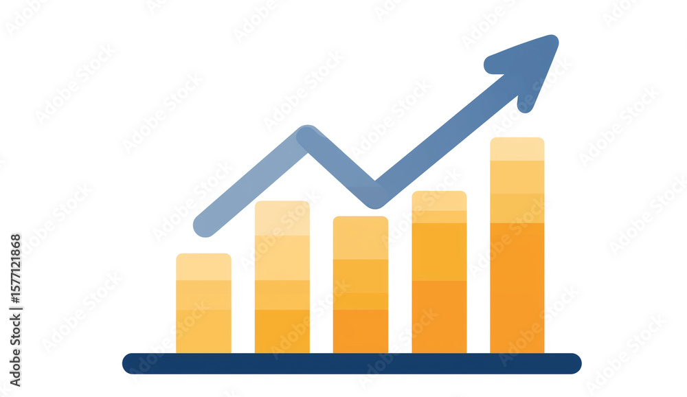 Aufkleber simple flat color vector art of an upward graph on a bar chart, with a navy blue arrow pointing up, 