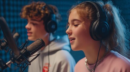 two real teenagers recording a podcast in a modern sound studio, wearing headphones, speaking into microphones, photorealistic