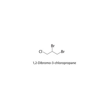 1,2-Dibromo-3-chloropropane skeletal structure. Halogenated propane compound schematic illustration. Simple diagram, chemical formula.