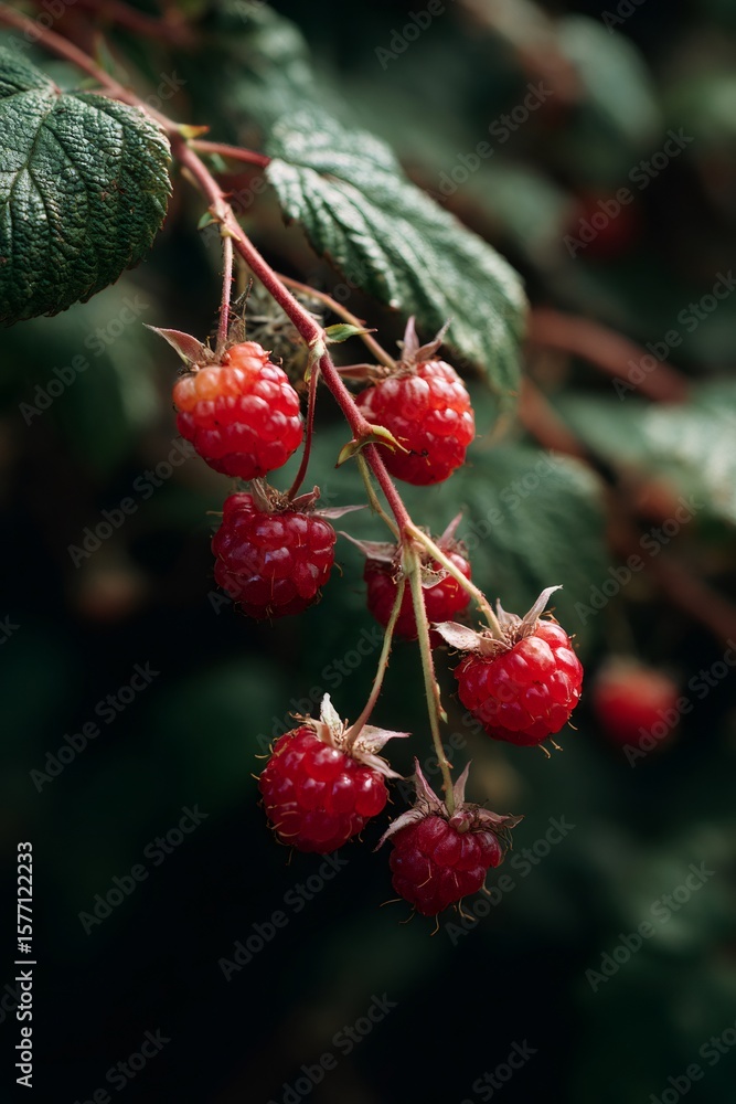 Poster ripe red raspberries clustered on branch, showcasing glossy texture and intense color against soft g