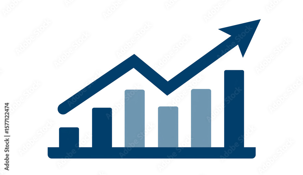 Poster simple flat color vector art of an upward graph on a bar chart, with a navy blue arrow pointing up, 