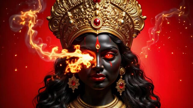 A dramatic zoom-out reveals Goddess Kali's fiery red eyes and golden crown, showcasing intense divine power against a deep red magical glimmer background.