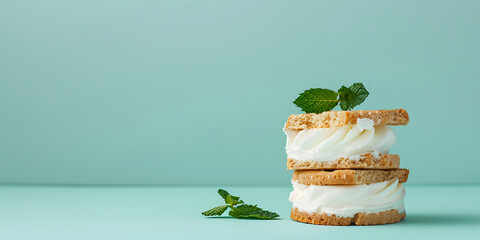 Cream-Filled Wafers with Mint Leaves on Light Blue Background

