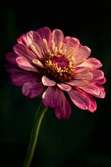 Pink Zinnia elegans flower, showcasing soft layered petals and vivid yellow center against blurred botanical background