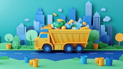 Minimalist Paper Cut of Recycling Truck Collecting Recyclables from Curb.