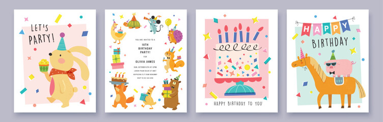 Set of Birthday greeting card with cute cartoon character animals, presents and colorful confetti.
