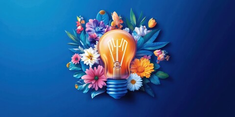 Renewable Energy: Eco-Friendly Lightbulb Surrounded by Flowers on a Blue Background for Eco friendly with background