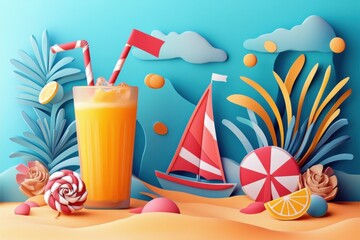 Vibrant Summer Celebration Background with Paper Craft Style Colorful festive time