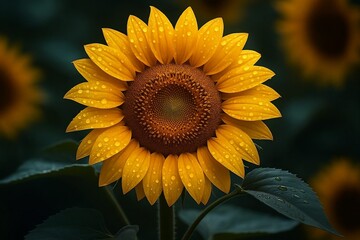 Fototapeta premium Close-Up Sunflower with Water Droplets on Petals and Leaves in Dark Moody Background for Nature and Floral Art Photography