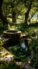 Harmonious Interplay of Ancient Well and Bubbling Spring Surrounded by Verdant Landscape Under Sunlit Canopy