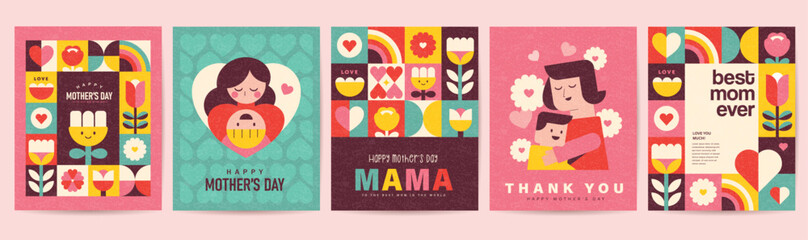 Set of Happy Mother's Day flat vector illustration in geometry style. Mom with child, flowers and abstract geometric shapes.
