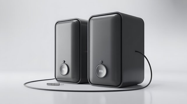 Modern black computer speakers with eq button and audio jack on white background