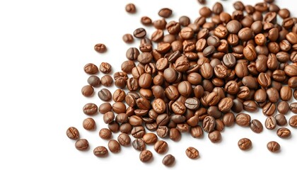 Naklejka premium Rich brown coffee beans in a small pile on pristine white background, roasted, energy