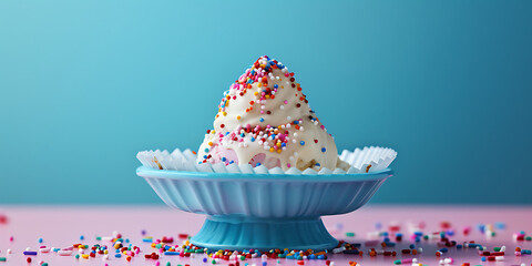 Colorful Cupcake with Sprinkles on Blue Stand Against Teal Background

