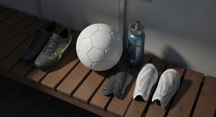 Soccer Essentials: Cleats, Ball, and Shin Guards on a Wooden Bench in a Locker Room Setting