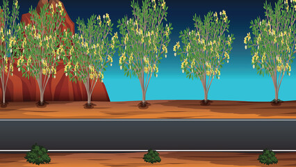Cartoon desert road with flowering bushes, mountains in background, and clear blue night sky.