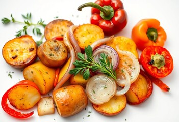 Roasted potatoes, peppers, & onions with fresh herbs on a white background,  vegetarian,  simple food