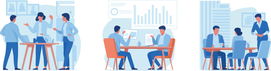 Illustration depicting three different business meetings with people in various office settings


