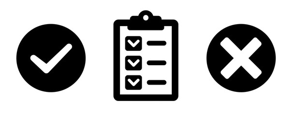simple vector icons, black check mark and X on clipboard icon set, white background, high-resolution photography.