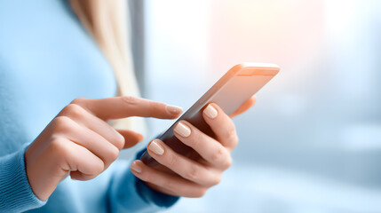 Woman using smartphone near wrapped gift box. Ideal for tech holiday lifestyle branding, digital campaigns, and e-commerce visuals.