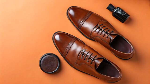 A pair of brown leather dress shoes are displayed with care products