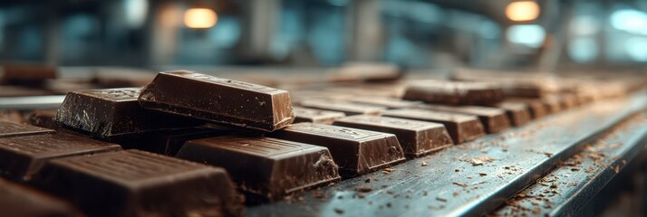 Chocolate bars arranged on a conveyor belt in a factory during production process