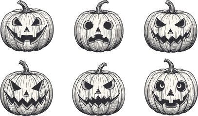 A set of spooky Halloween pumpkin jack-o'-lanterns with carved faces, perfect for autumn holiday decoration