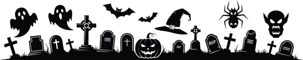 Naklejka premium Black and white Halloween vector set with spooky pumpkin, bat, and witch hat icons, featuring silhouetted grass