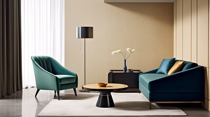 Contemporary minimalist interior layout with cobalt blue L-shaped sofa, dark teal green armchair, beige plaster walls with subtle vertical lines, minimalist 