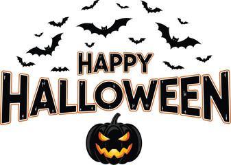 Fototapeta premium Horror Halloween night vector illustration with scary pumpkins, bats, and a spooky moon for an autumn holiday celebration